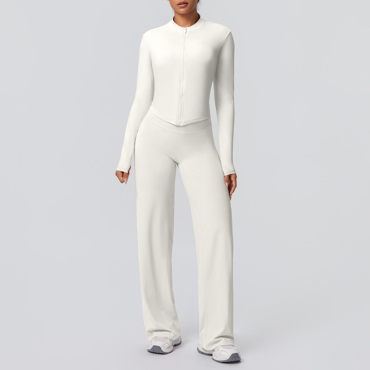MCUDII Plus Size Solid Color Brushed Zipper Jacket and Wide-Leg Pants Yoga Set