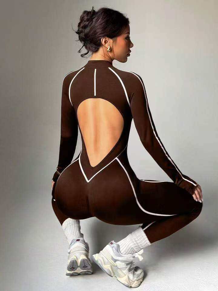 Seamless Contrast Stitching Hollow Spaghetti Strap Full-Length Jumpsuit