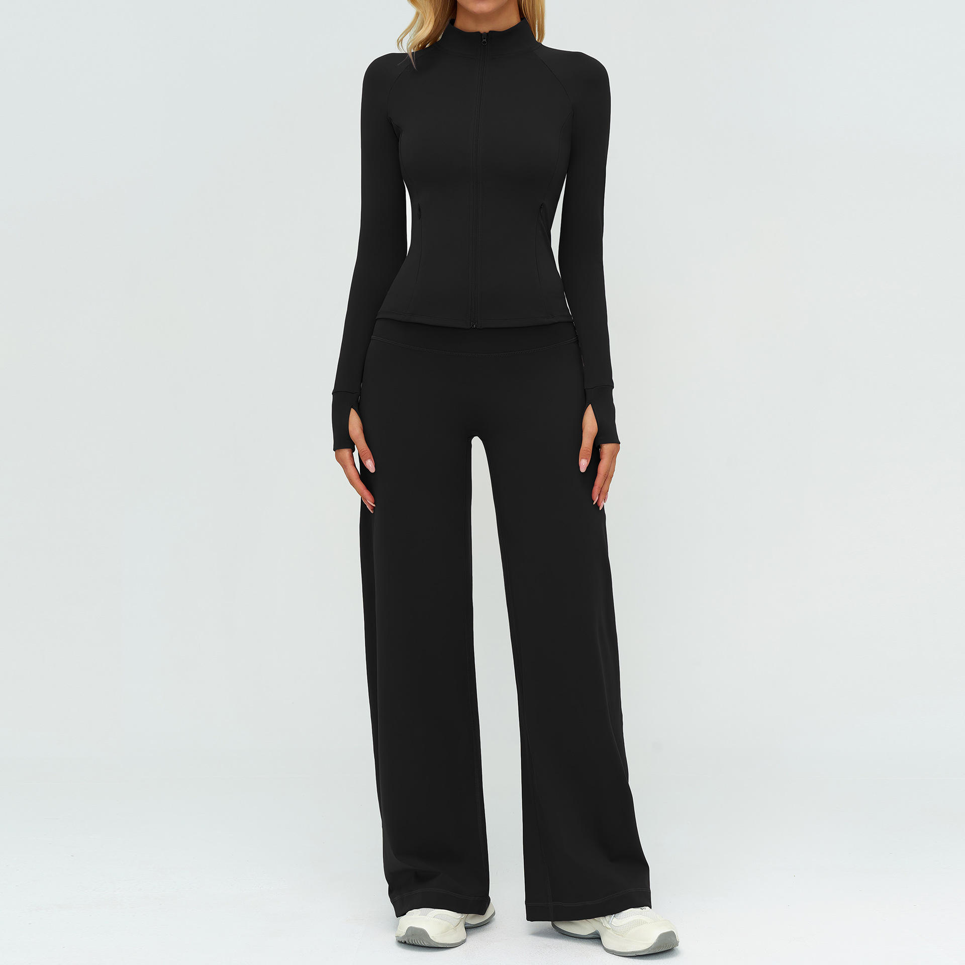 Plus Size High Waist Brushed Yoga Set with Long Sleeves