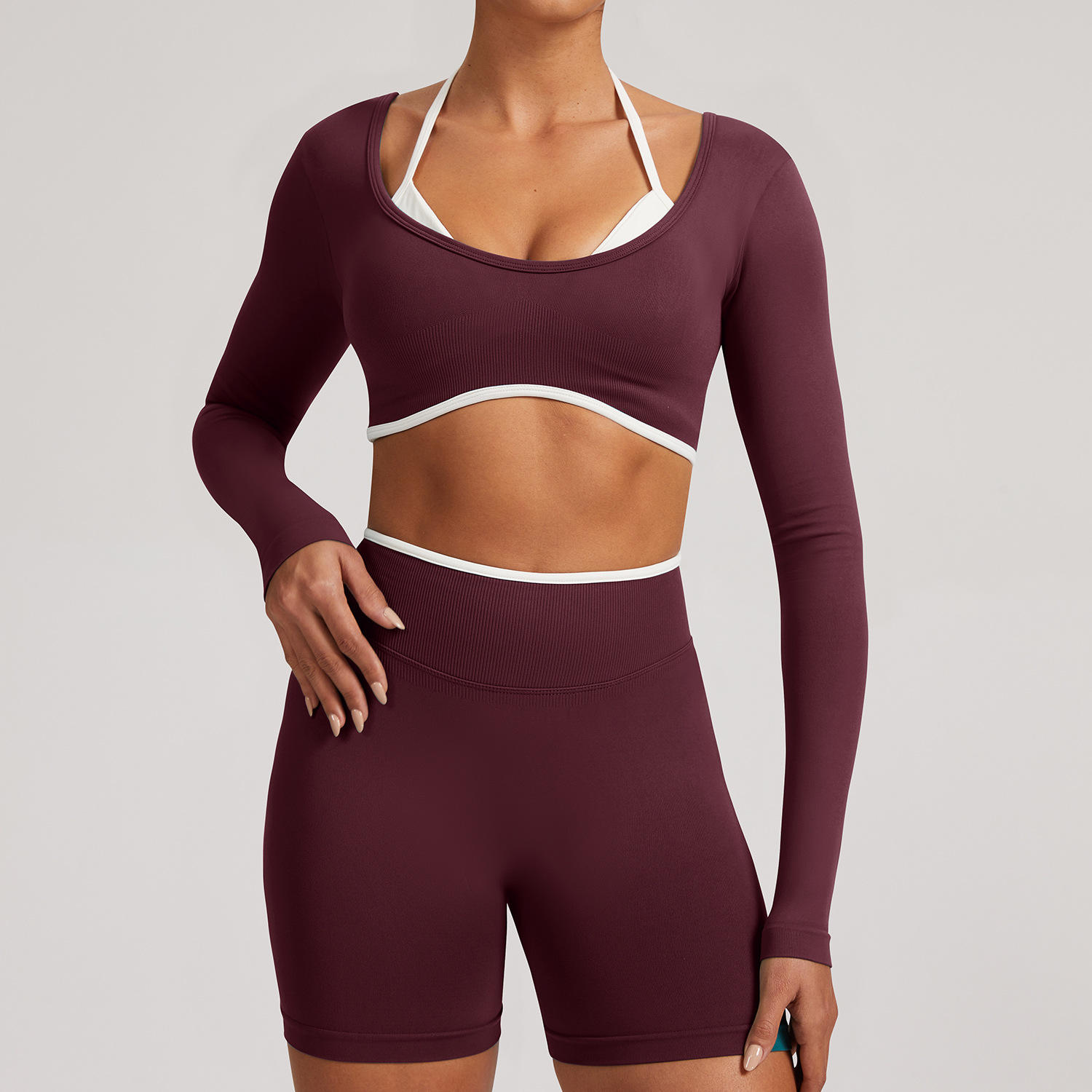 Seamless Solid White Edged Breathable Yoga Set Women Hollow Back High-Waist 2-Piece Fitness Clothing Plus Size