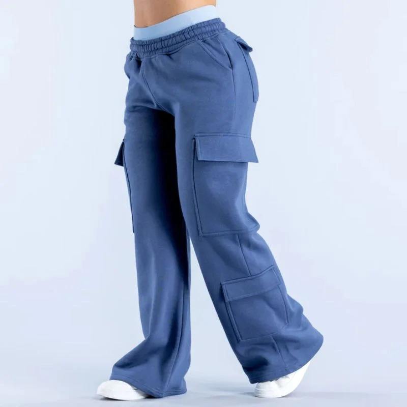 New Autumn Winter Straight-Leg Casual Pants Trendy Cargo Pocket Mid Waist Loose Floor-Length Anti-Pilling Women's Sportswear
