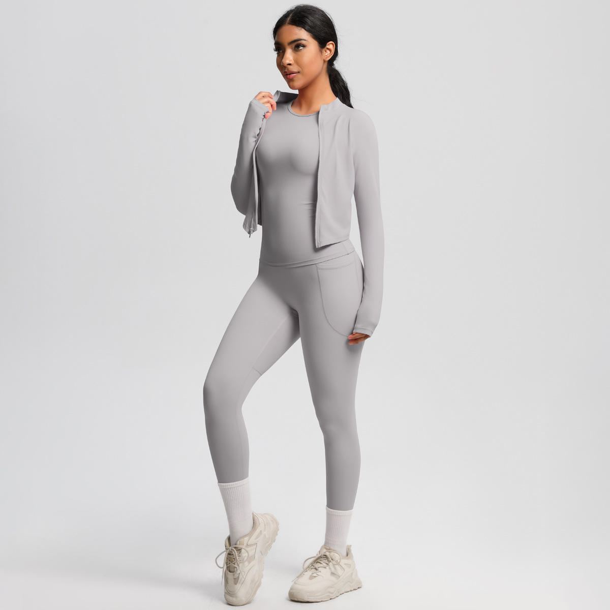Cloud Feel Slim Fit Brushed Solid Front Nylon Pocket Long Pants Three-Piece Set