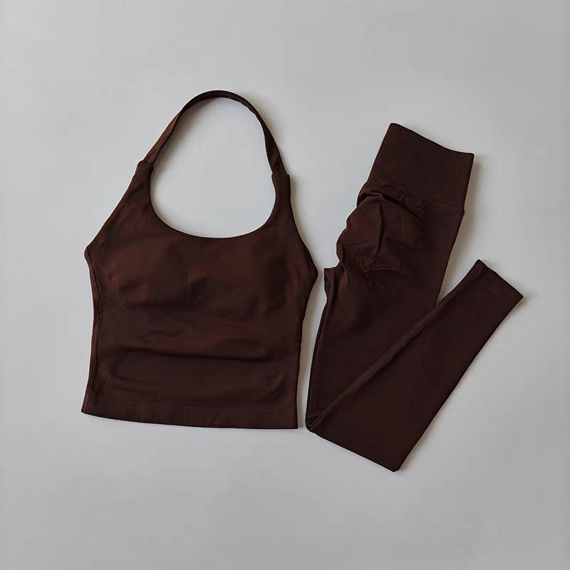 Peach-Colored High-Waist Butt-Lifting Fitness Pants Three-Part Set