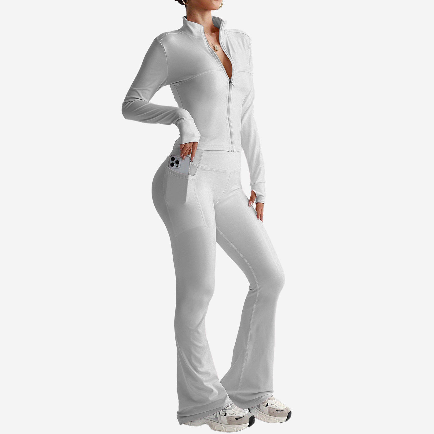 Tight Yoga Set with Zipper Jacket and High-Waist Flared Leggings