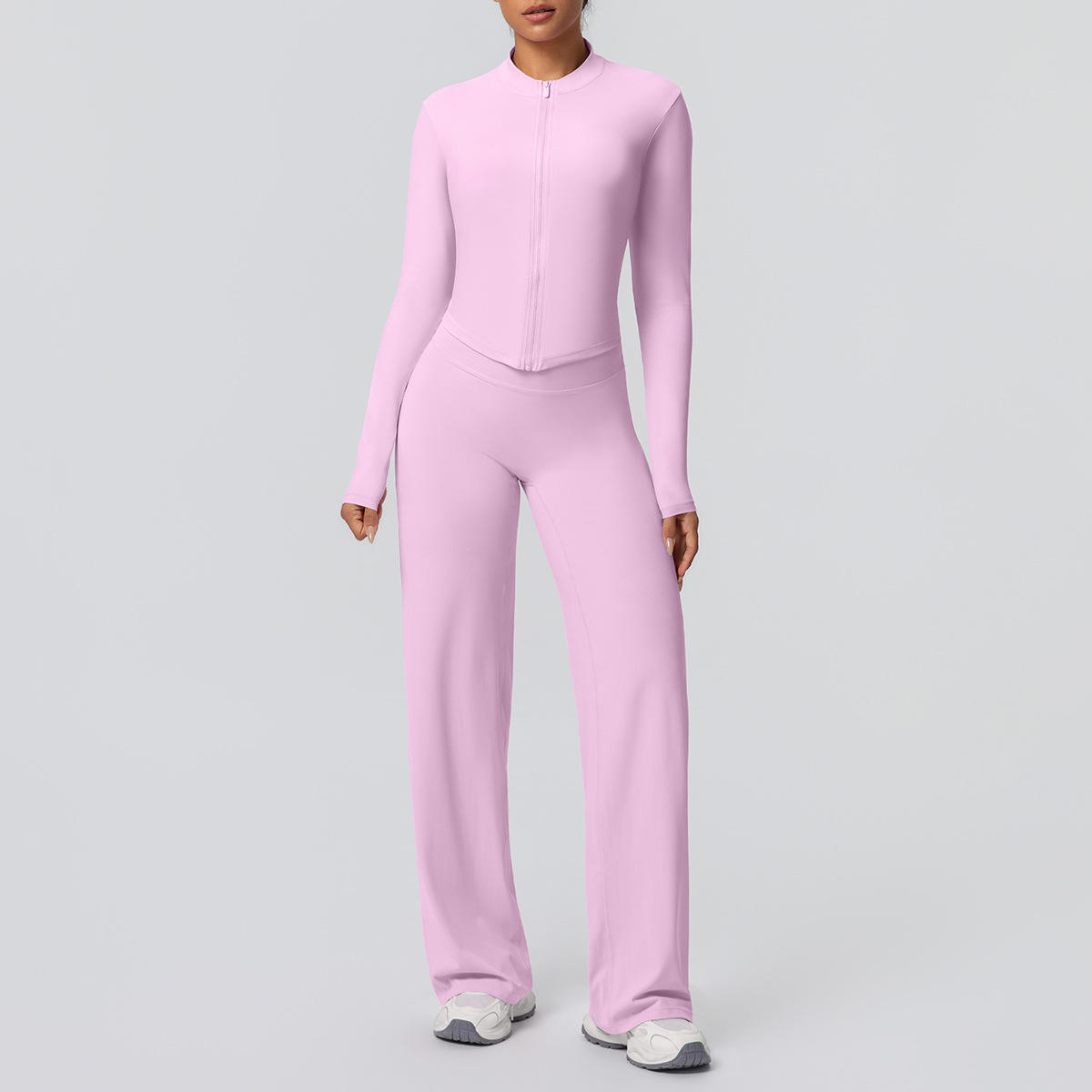MCUDII Plus Size Solid Color Brushed Zipper Jacket and Wide-Leg Pants Yoga Set