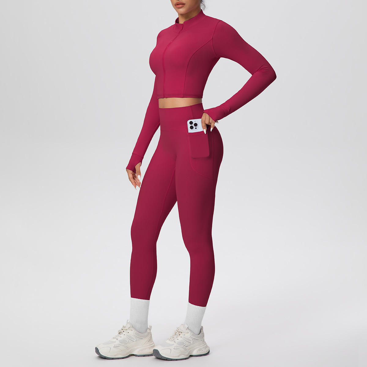 Slim-fit Breathable Solid Plus Size 100% Nylon Short Sports Zipper Jacket High Waist Yoga Pants 2-Piece Set for Running Fitness