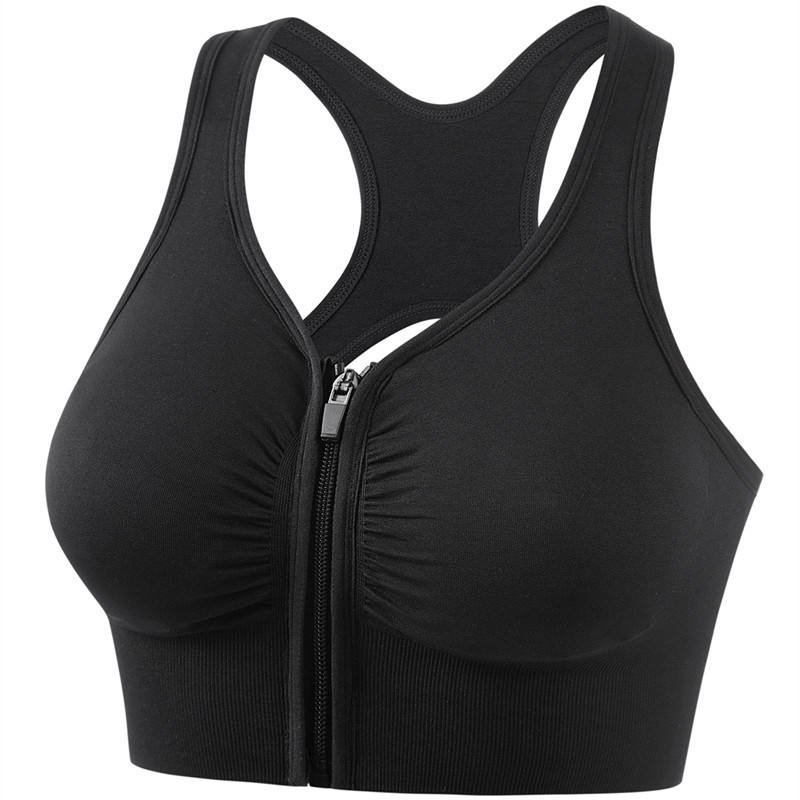 Shockproof Push-Up Plus-Size Breathable Four-Way Stretch Yoga Fitness Sports Bra with Hollow Back and Front Zipper for Women