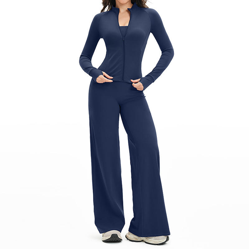 Brushed Solid Elastic Waist High Waist Plus Size Yoga and Running Suit with Wide-Leg Tights