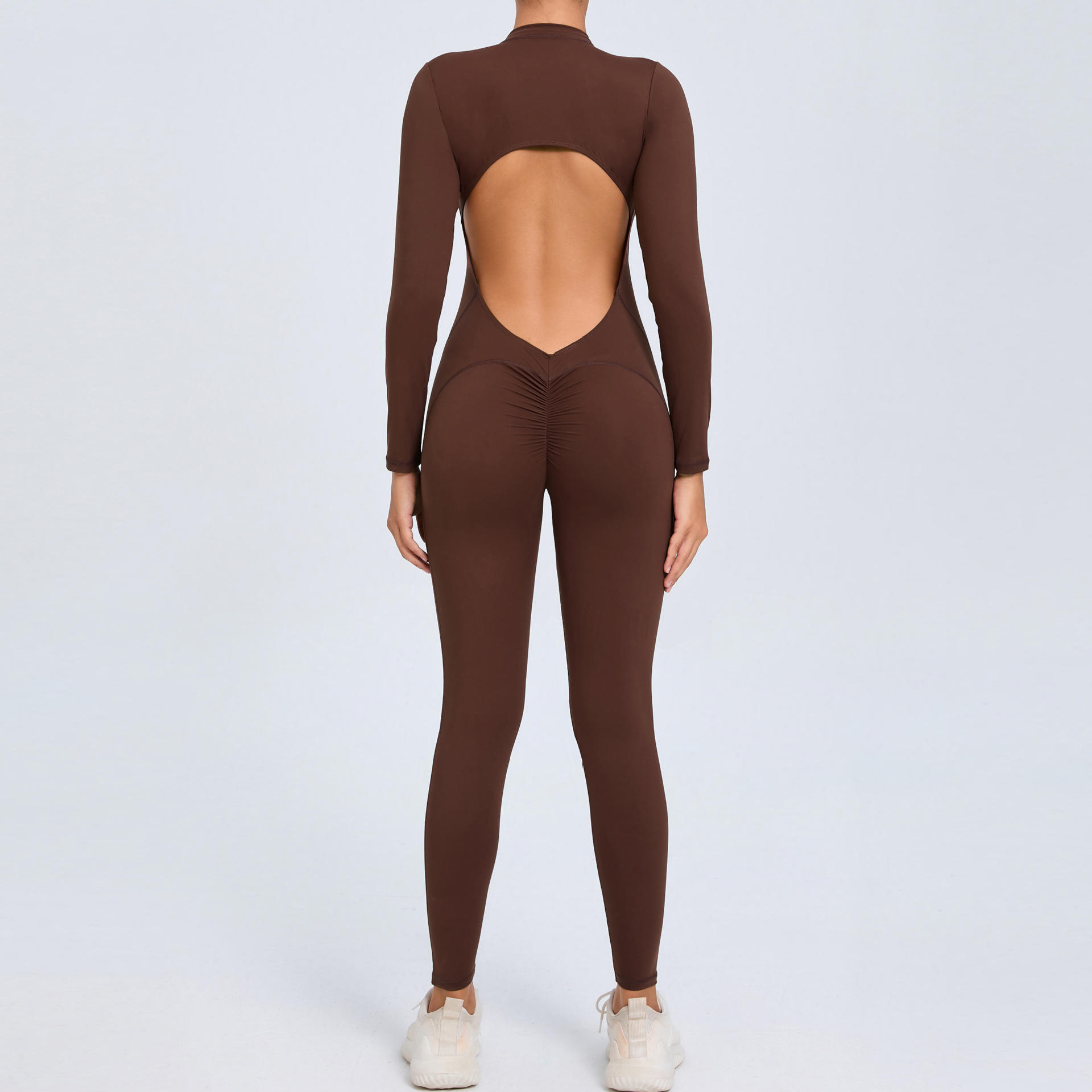 Women's Wrinkle-Resistant Spandex/Nylon Yoga Jumpsuit with Zipper Closure and Long Sleeves