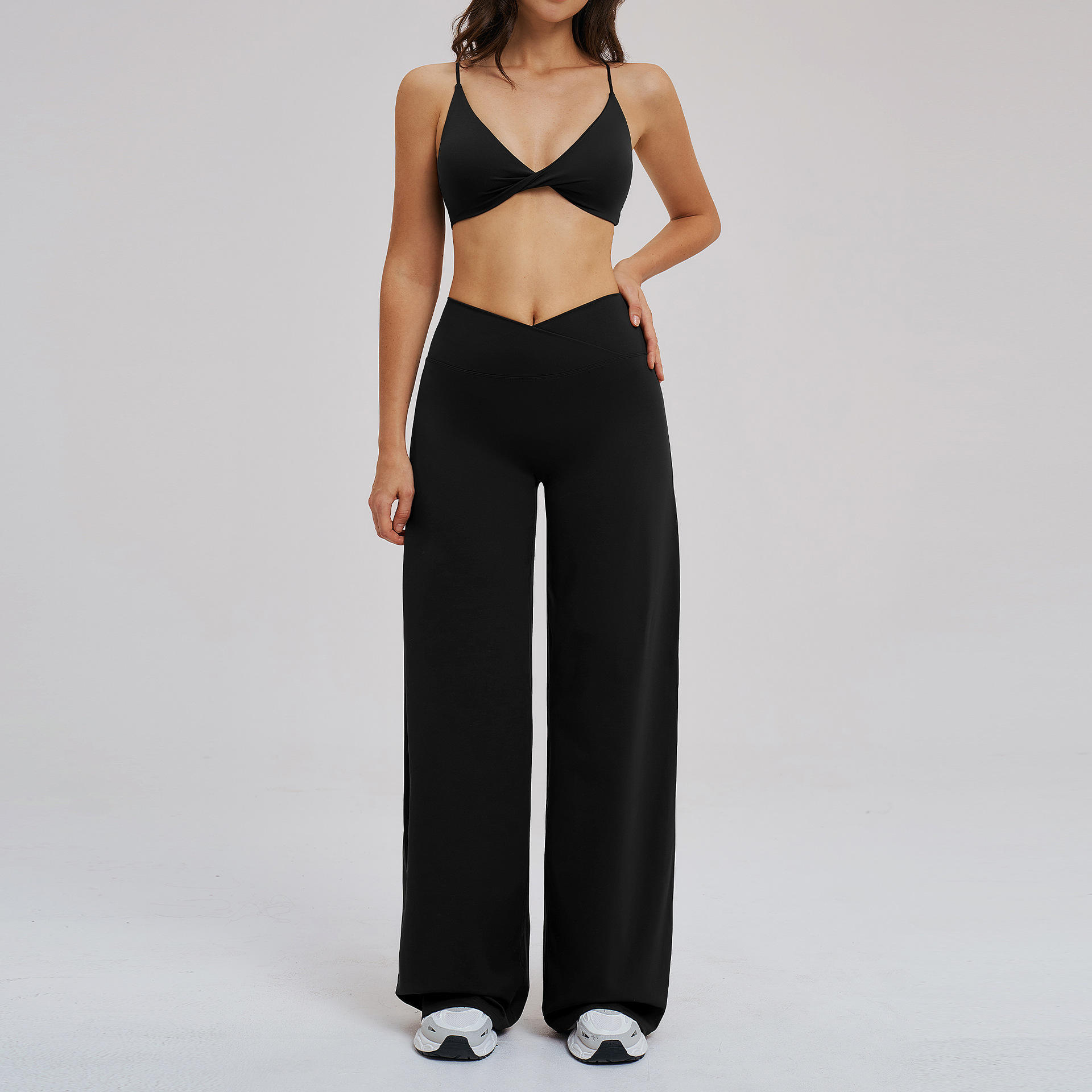 Brushed Solid Yoga Suit Cross Waist Wide Leg Fitness Set