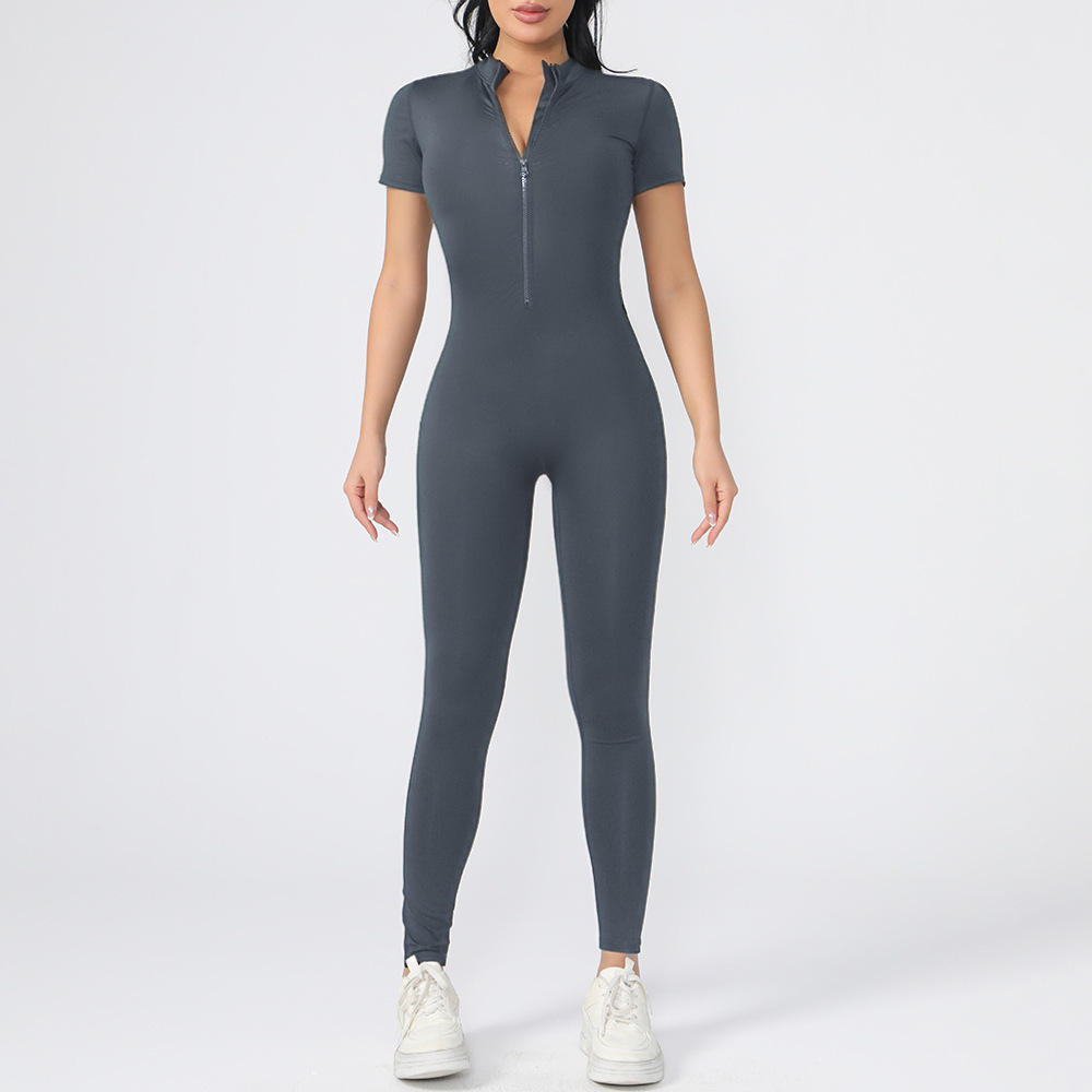 Zipper Short-Sleeve Naked-Feel Yoga Jumpsuit for Women