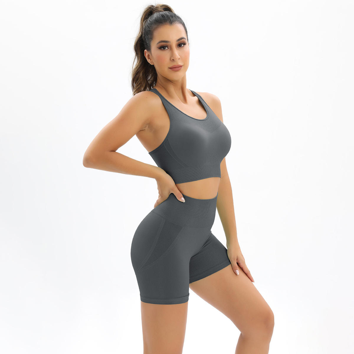 Style Seamless Breathable Lightweight High-Waist Peach Lift Plus Size Yoga Shorts High Elasticity Sports Fitness Women's 2-Piece