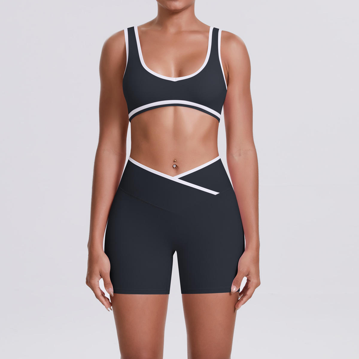 High-Waisted 2-Piece Set with Contrasting Color V-Neck Top and Leggings