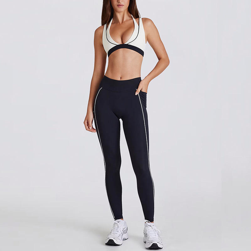 Two-Piece Color Contrast White Striped High-Waisted Running Set