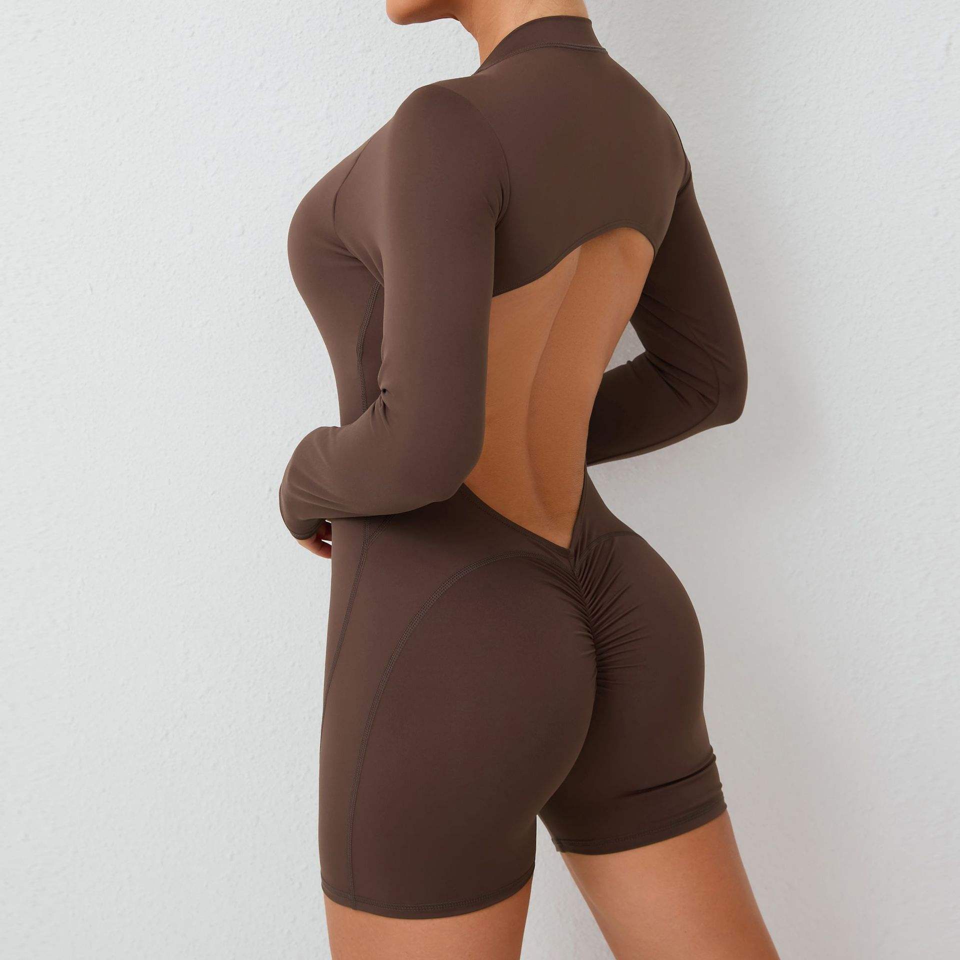 Hollow V-Neck Backless Half-Zip Spandex/Nylon Jumpsuit - Peach