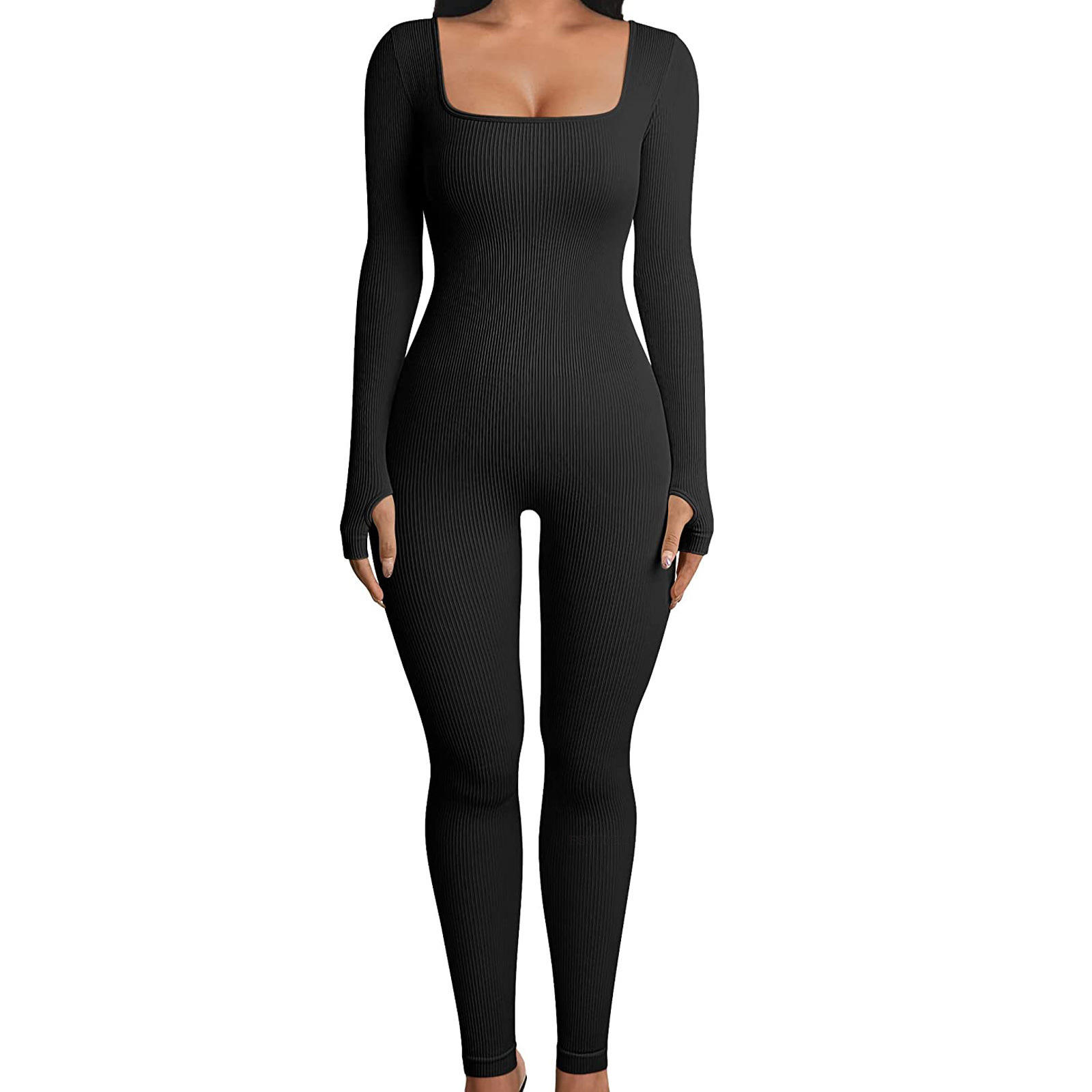 Women's Black Elastic Long Sleeve Sports Bodysuit