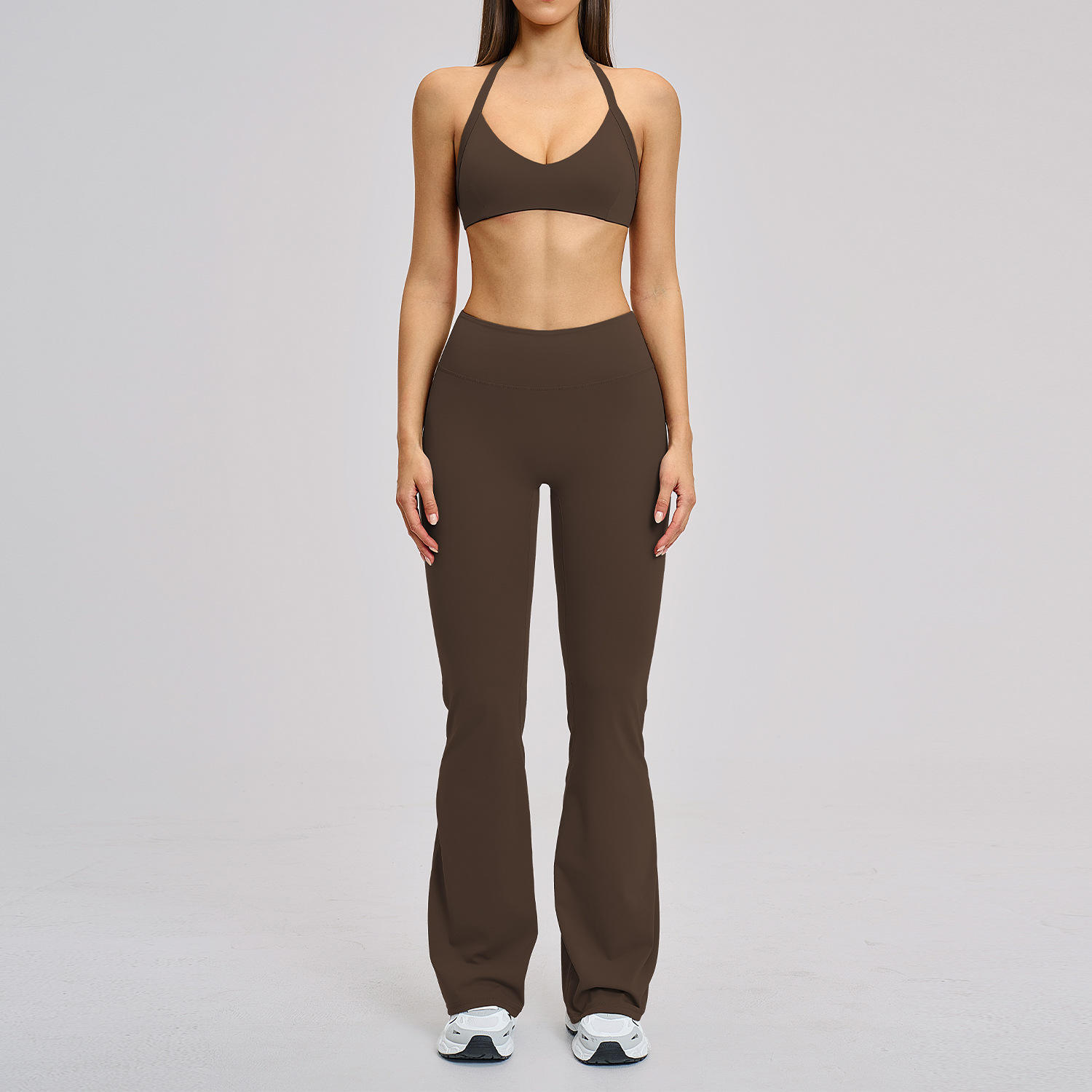 Cross-border Brushed Spandex/Nylon Halter Neck 2-Piece Full-Length Yoga Suit