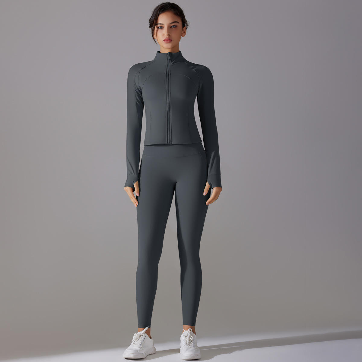 Stand Collar Zipper Long Sleeve Solid Breathable Yoga Wear High Waist Hip Lift Tight Pants