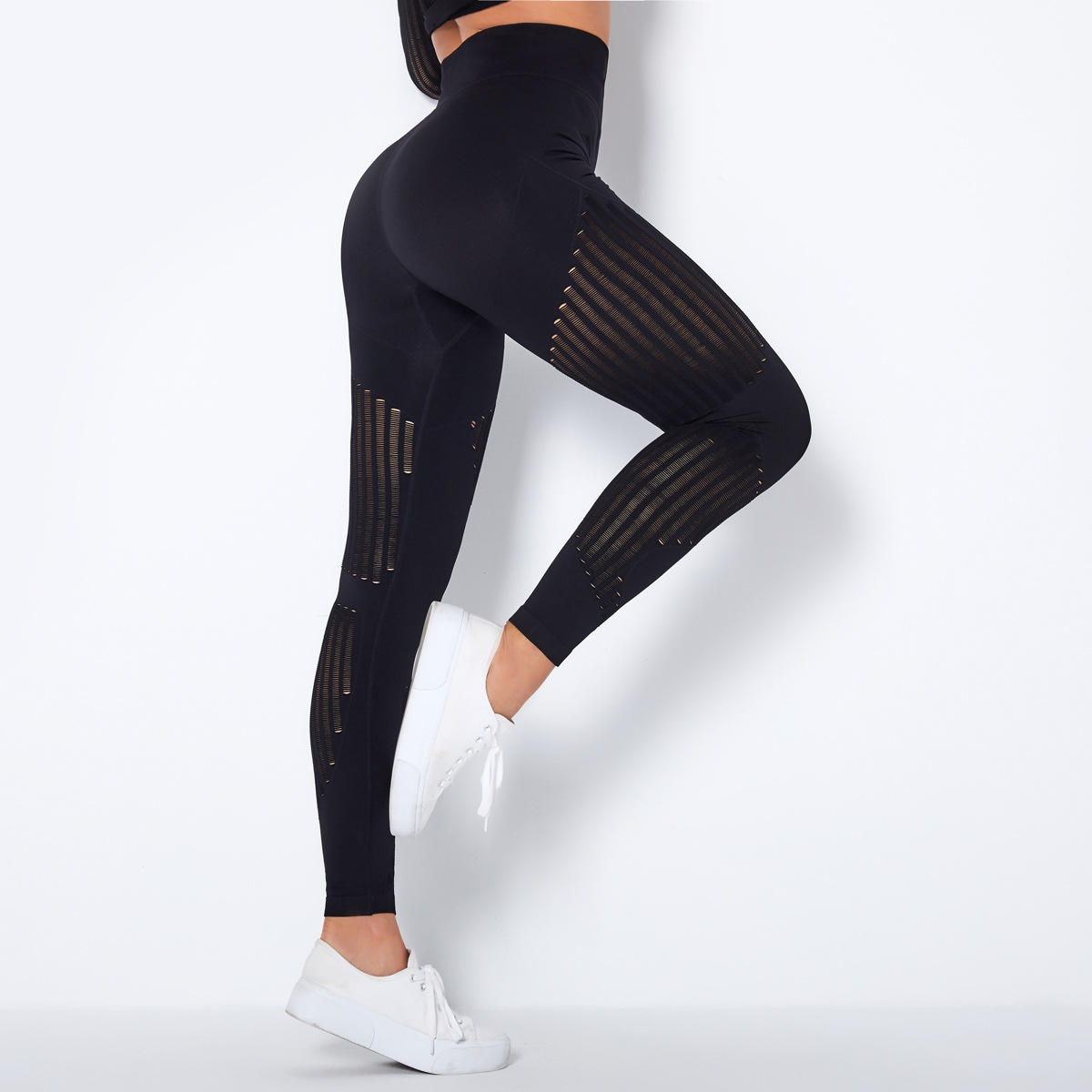 Women's Solid 100% Nylon Mesh Hole Hip-lifting Elastic Tight Body-building Base Shaping Sports Yoga Pants Seamless High Waisted