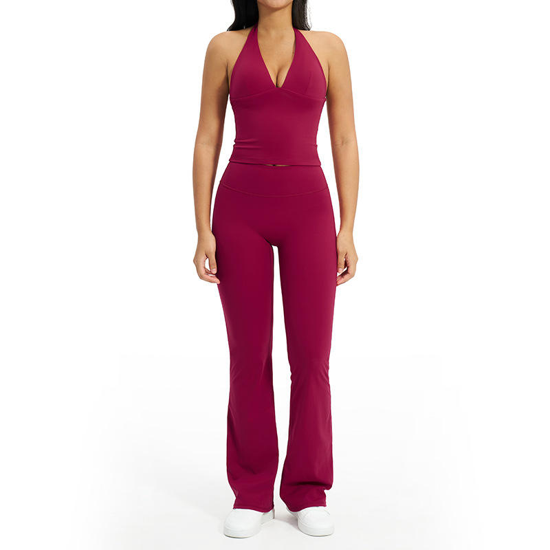 Brushed Solid Breathable Yoga Set V-neck Halter Neck 2-Piece Sports Suit