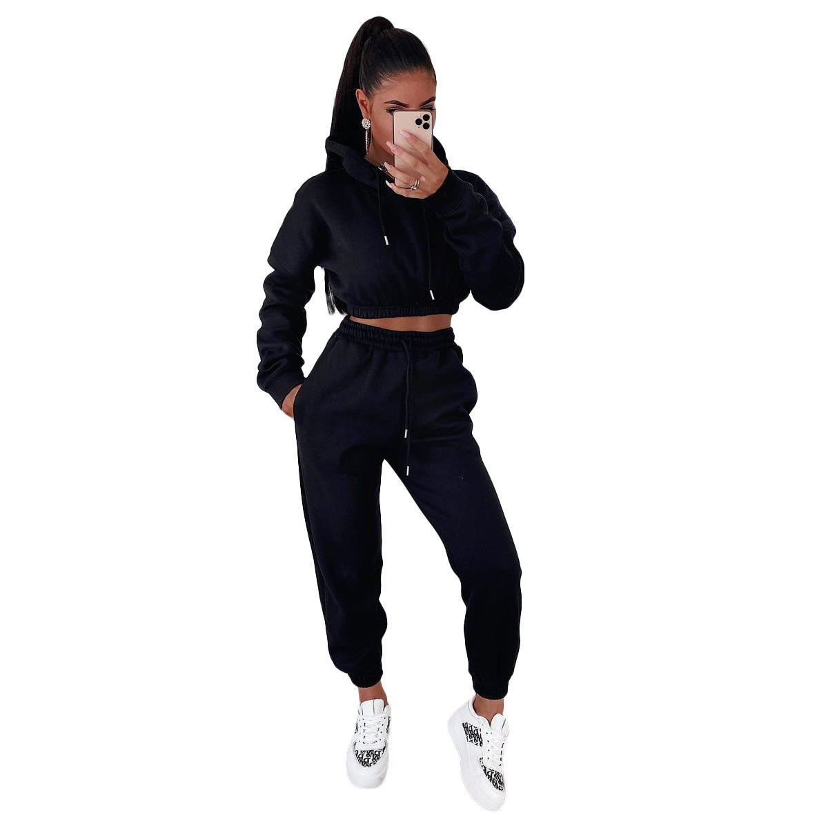 Breathable Long Hooded Sweatshirt Casual Two-Piece Set