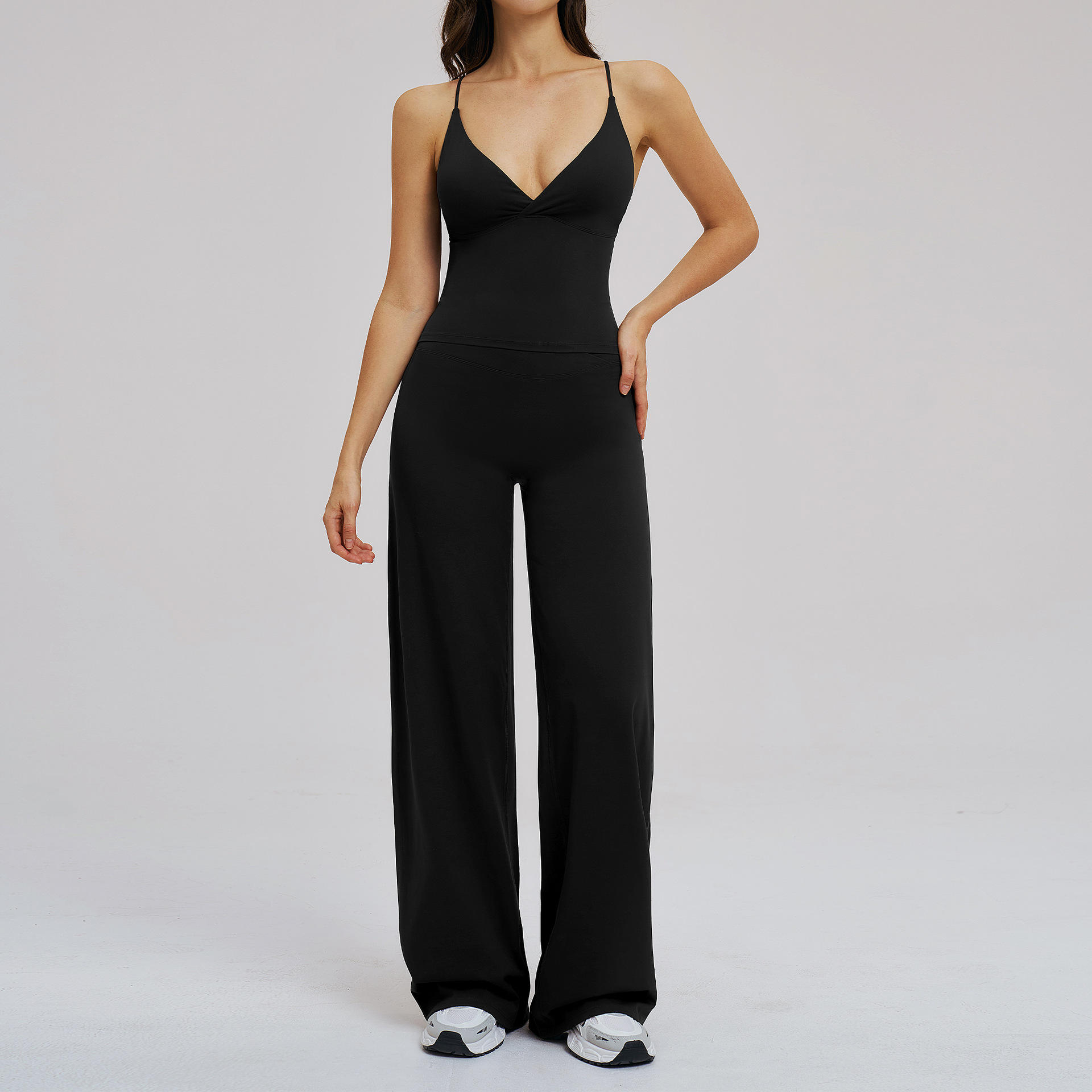 High-Waisted Crisscross Strap Yoga Set with Wide-Leg Bottom