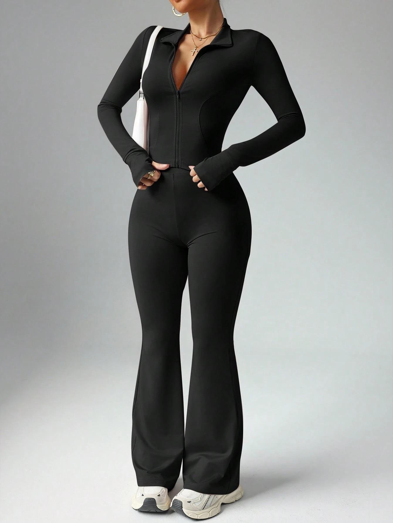 Women's Plus Size Solid Color Long Sleeve Zipper Sports Set with High Waist Flared Fitness Pants