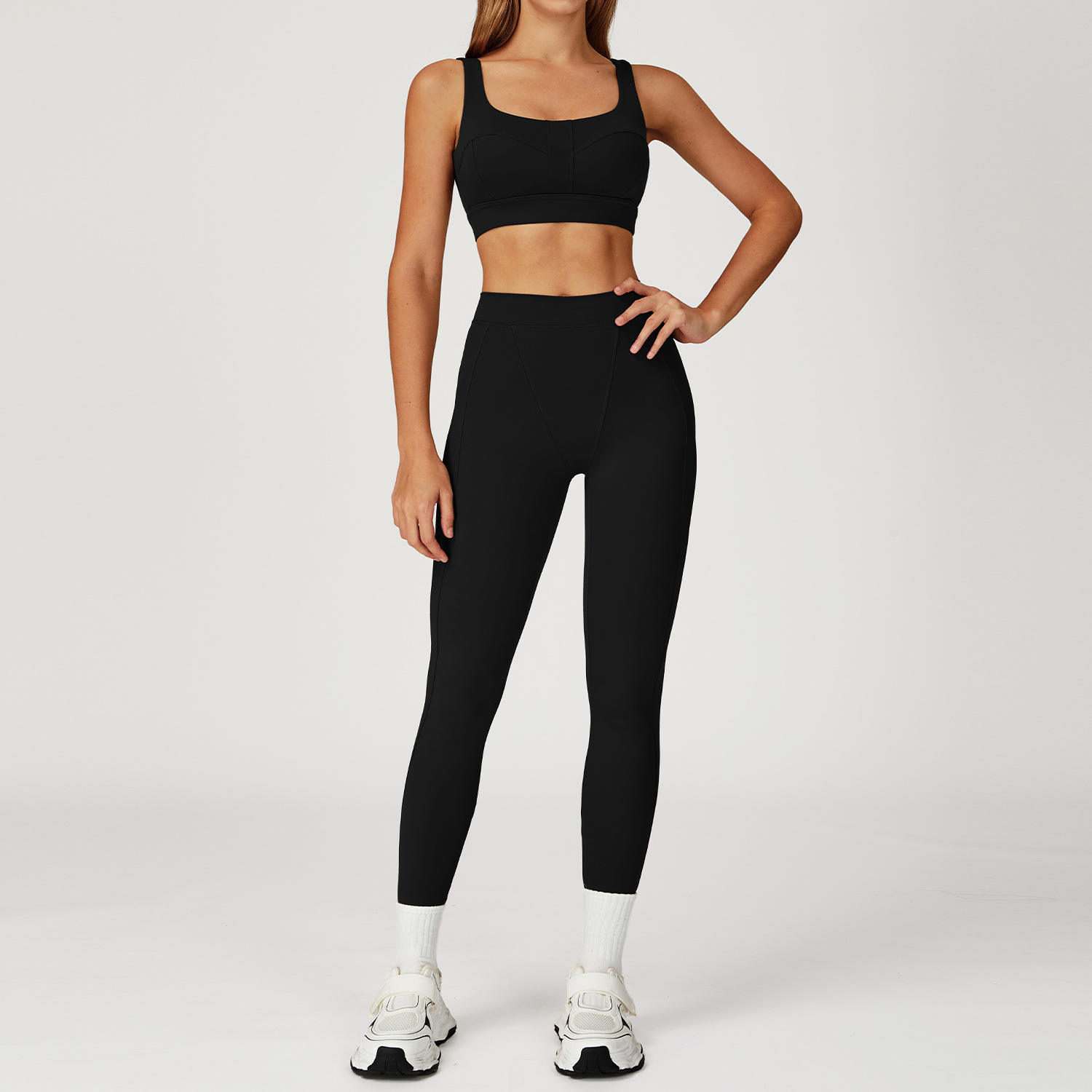 Solid High Waist Yoga Set with Neck Tight - 2-Piece Sports Suit for Running and Outdoor Fitness