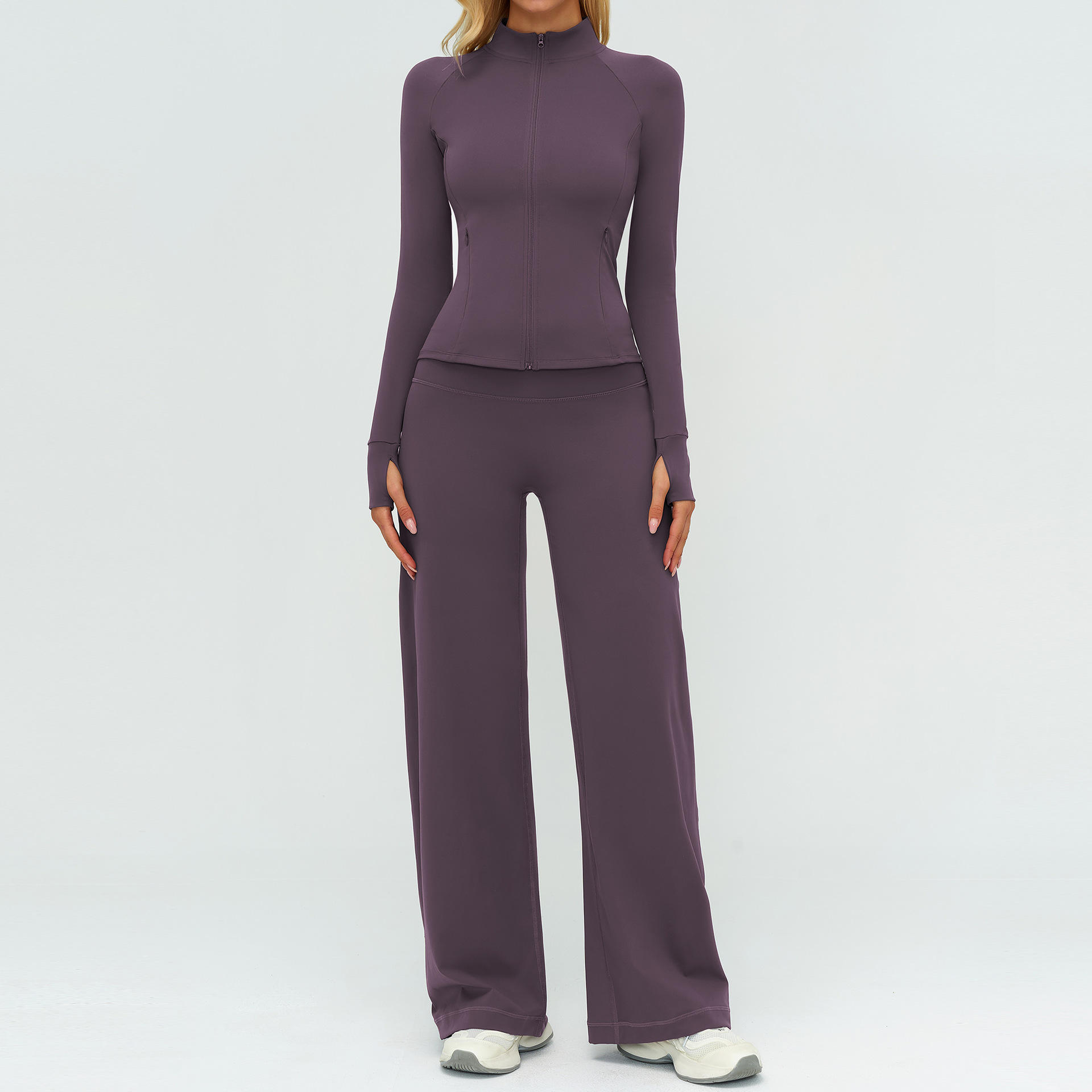 Plus Size High Waist Brushed Yoga Set with Long Sleeves