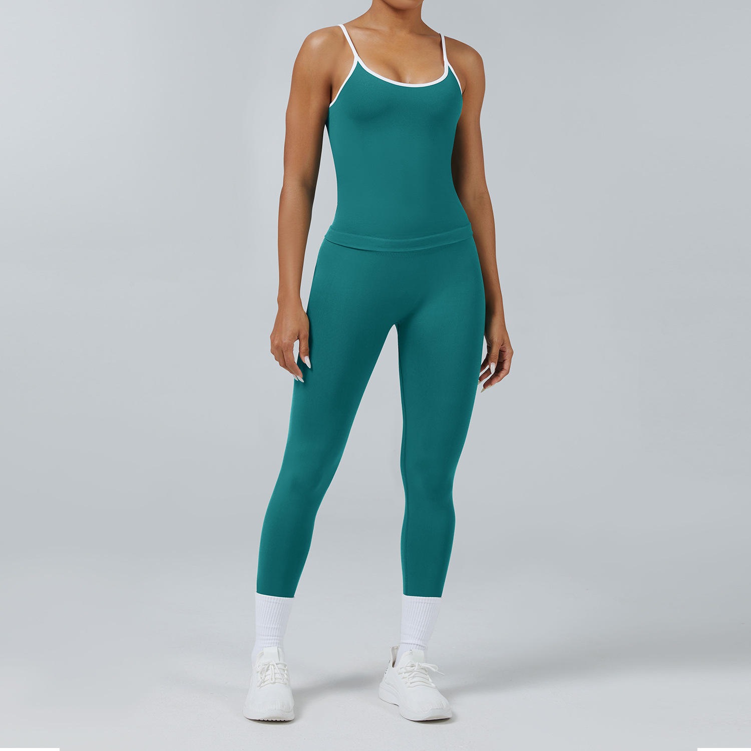 Women's Solid Color 2-Piece Sports Suit with Contrast Binding and Spaghetti Straps