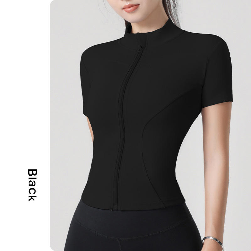 High-Elastic Pink Stand Collar Yoga Short-Sleeved Coat with Slim Fit