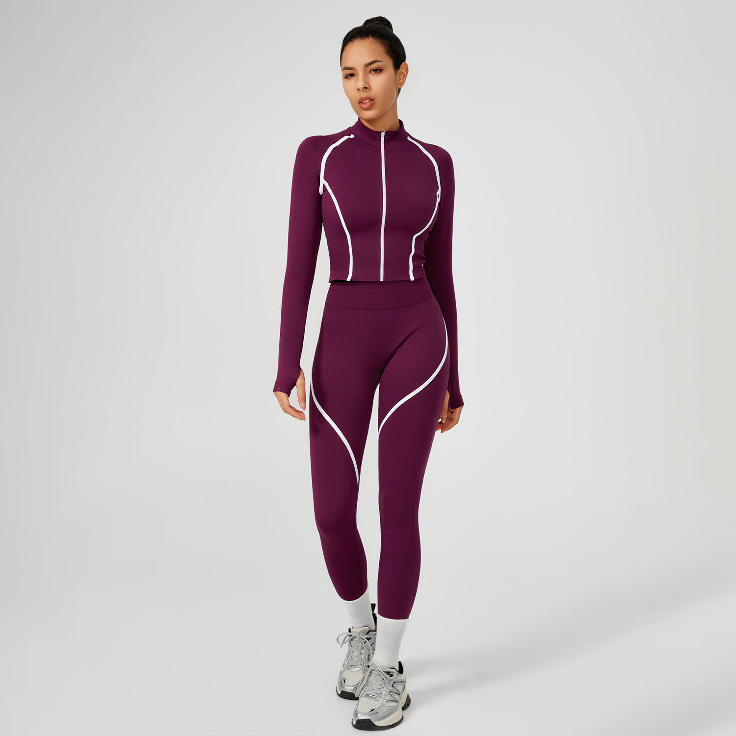 Sports Yoga Set Stand Collar Zipper Cardigan Jacket Color-Blocked Leggings Nude-Feel High-Elastic Breathable Women's Sets