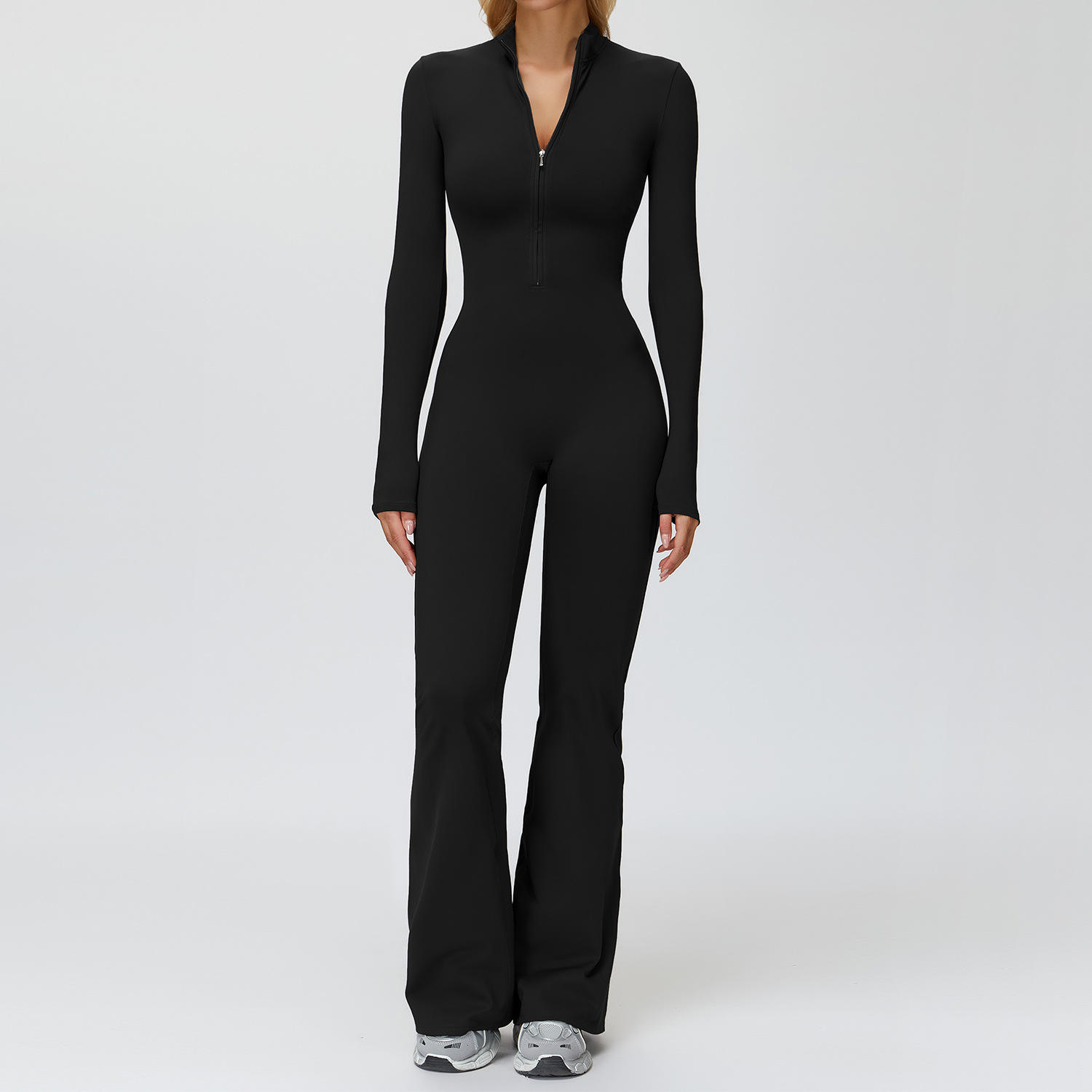 Autumn Winter Fleece-Lined Seamless Spaghetti Strap One-Piece Stand Collar Warm Yoga Wide-Leg Running Jumpsuit for Women