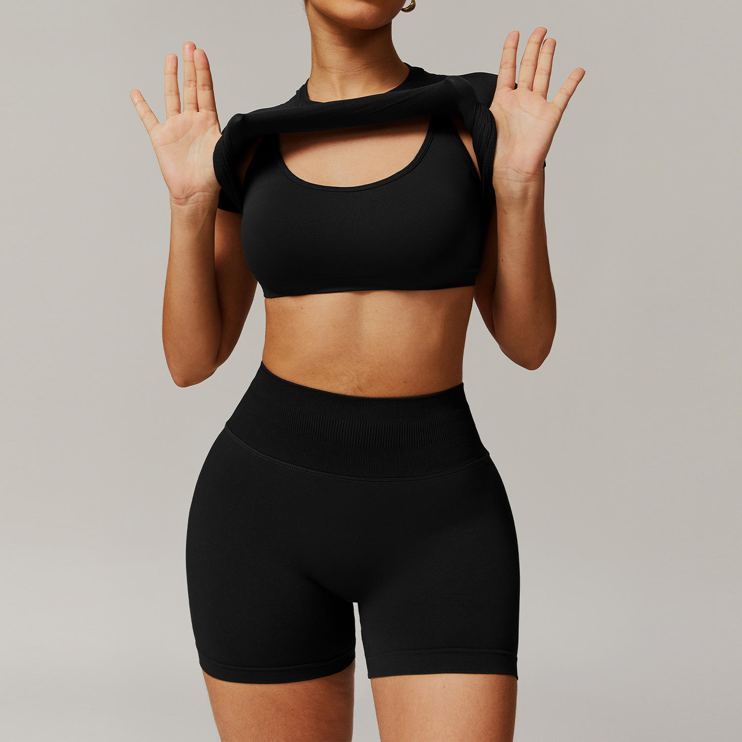 Solid Seamless Threaded Tight Plus Size Yoga Suit Three-Piece Set