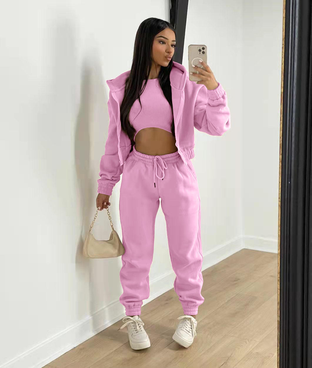 Vintage Women's Fleece-Lined 100% Cotton Sweatshirt Hooded Sports Casual Suit
