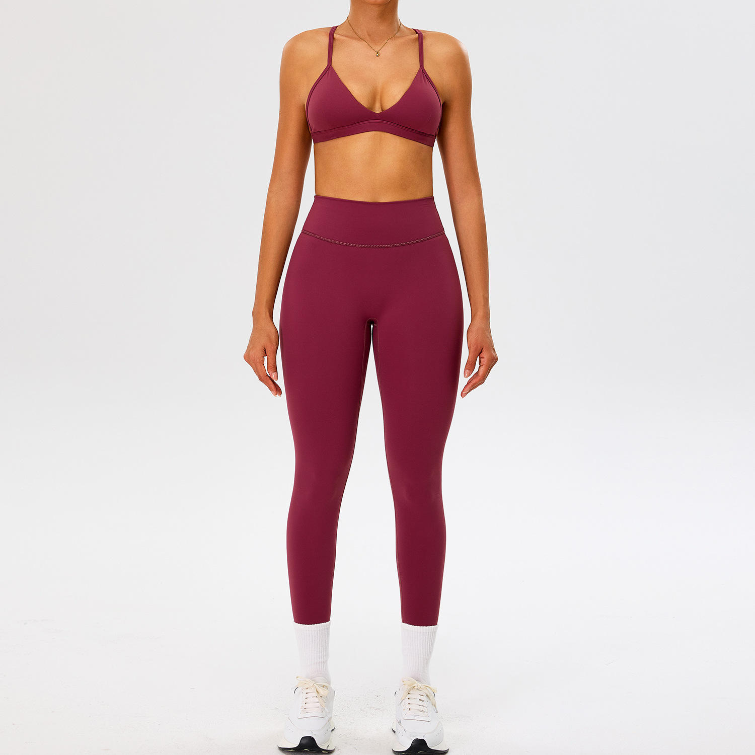 Autumn Winter Double Brushed Racerback V-Neck Yoga Set with High Waist Hip Lift