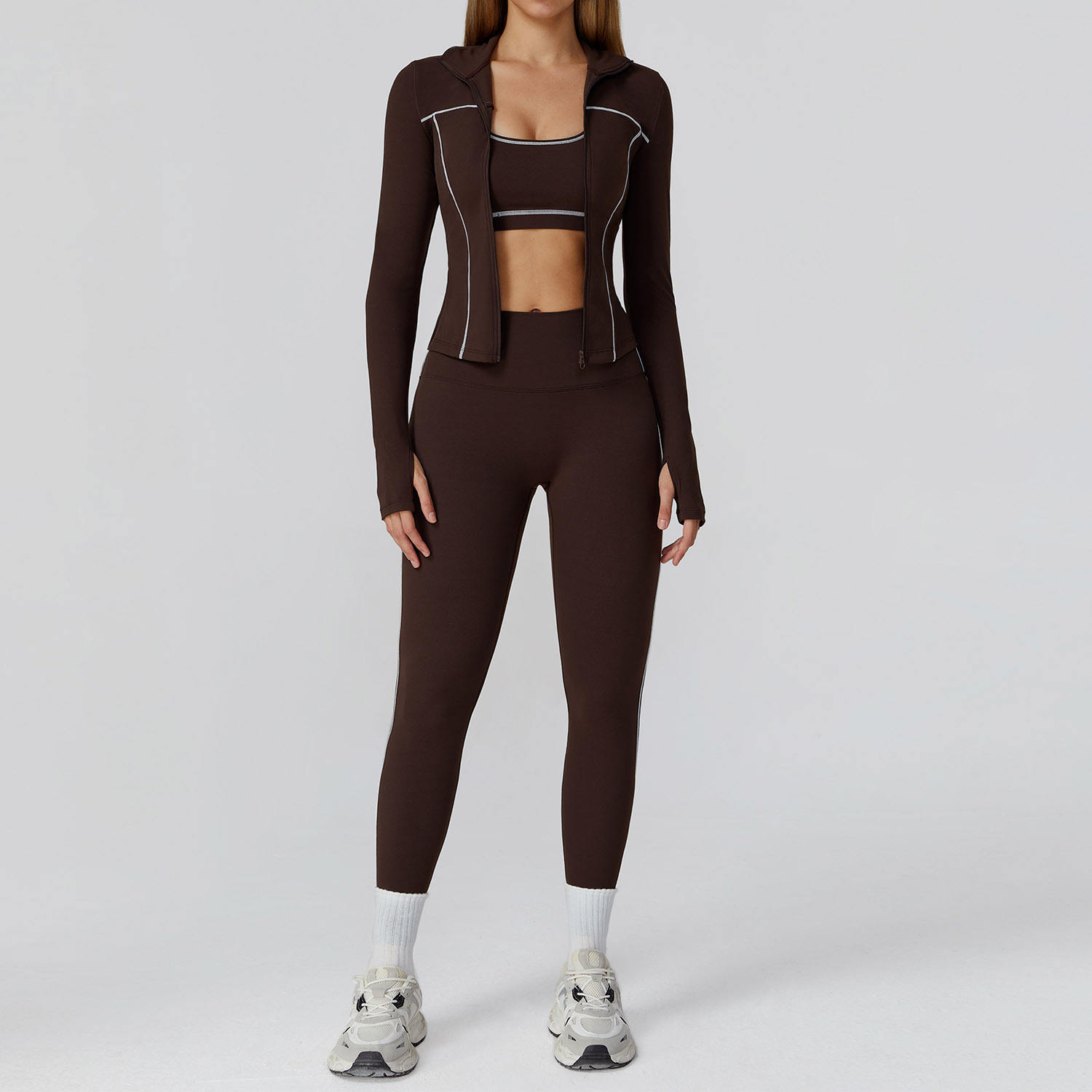 Breathable Zipper Fitted Three-Piece Yoga Set for Fitness and Running