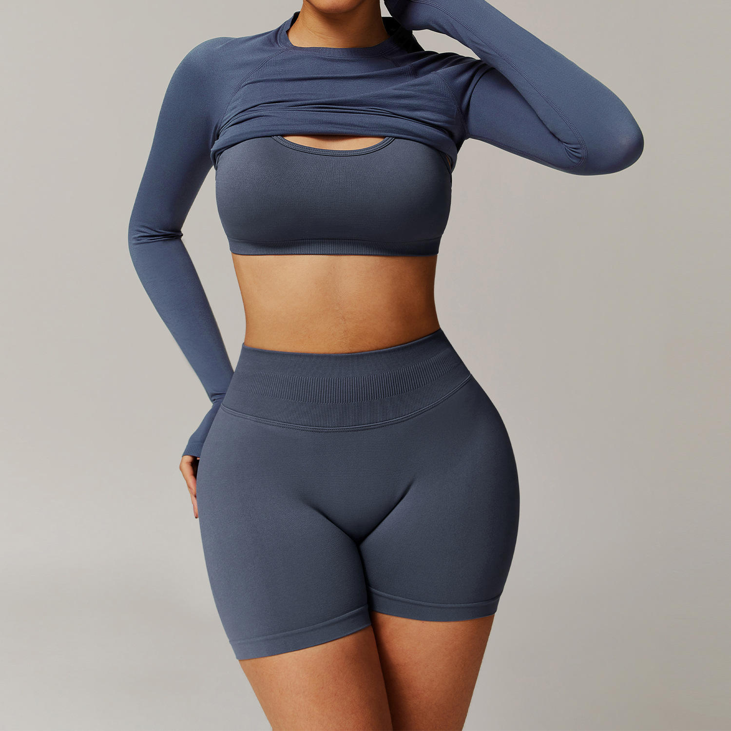 High Waist Breathable Gym Shorts Solid Style Women's Plus Size Fitness Yoga Set with Front Logo