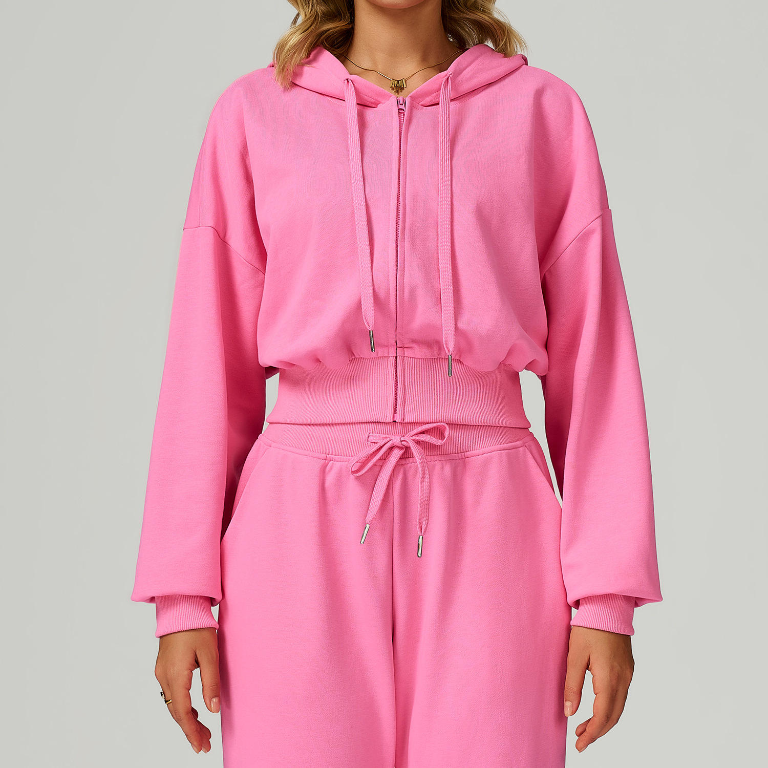 Zipper Sports Sweatshirt Hood Casual Loose Women Running Fitness Sportswear Set
