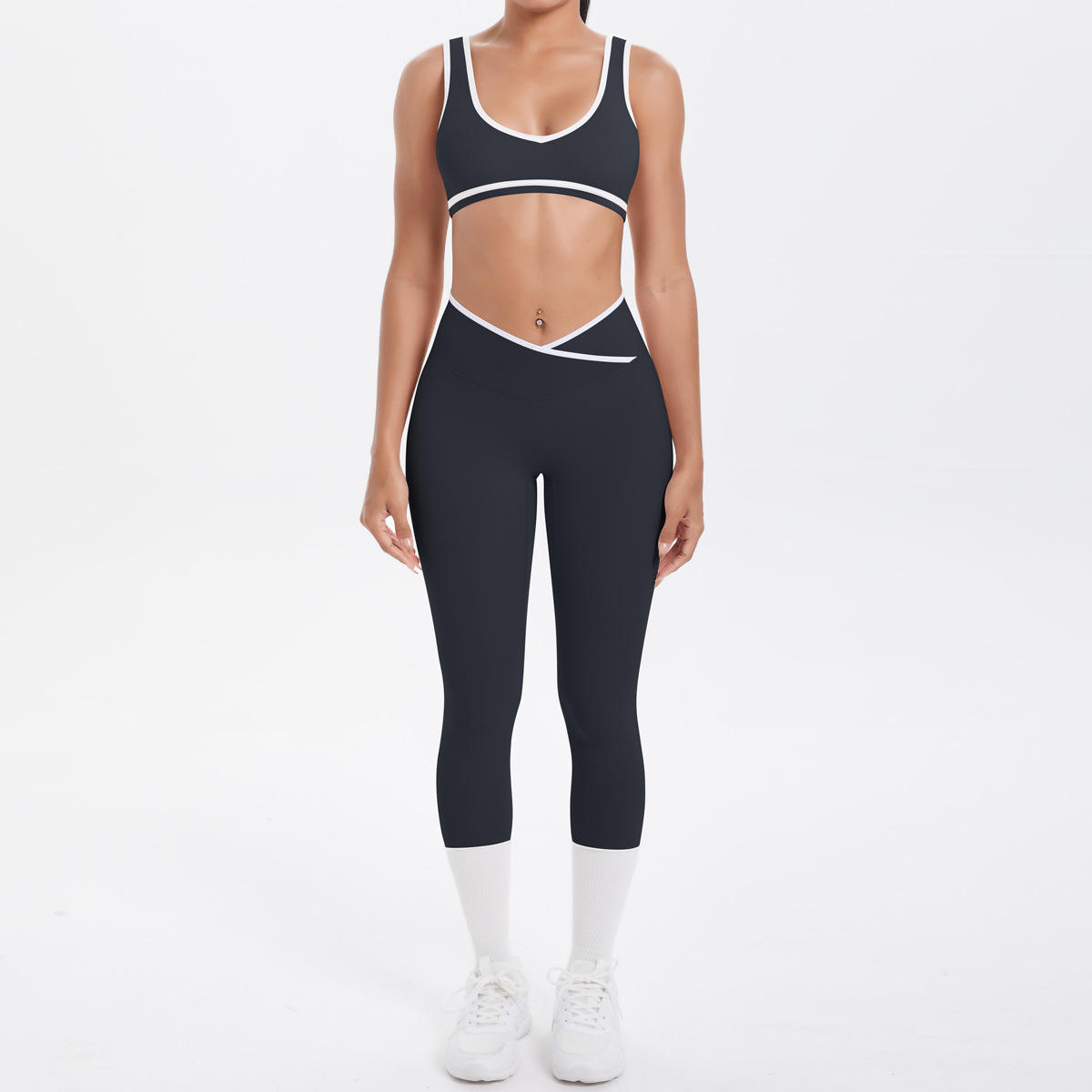 High-Waisted 2-Piece Set Women's Spandex/Nylon V-Neck Contrasting Color Nude-Feel Tight-Fitting Yoga Fitness Suit Leggings Set