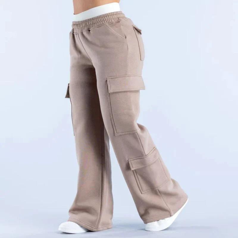 New Autumn Winter Straight-Leg Casual Pants Trendy Cargo Pocket Mid Waist Loose Floor-Length Anti-Pilling Women's Sportswear