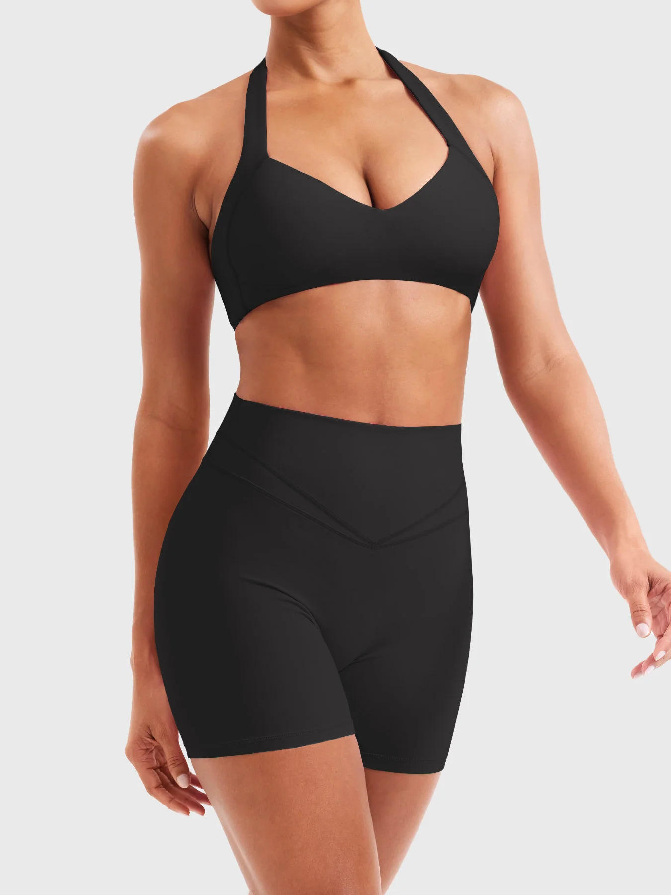 High-End Solid Plus Size Yoga Outfit Set with V-Neck Halter Bra and High-Waisted Shorts