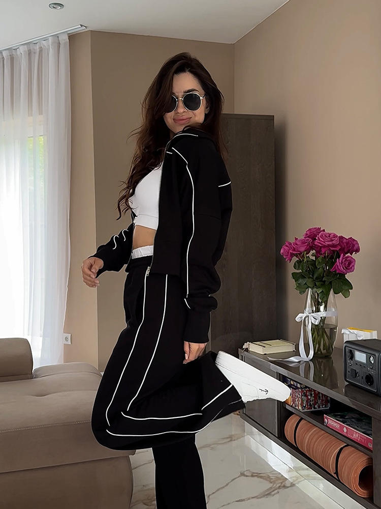 European American Casual Two-Piece Set: Zip-Up Cardigan and Wide-Leg Pants