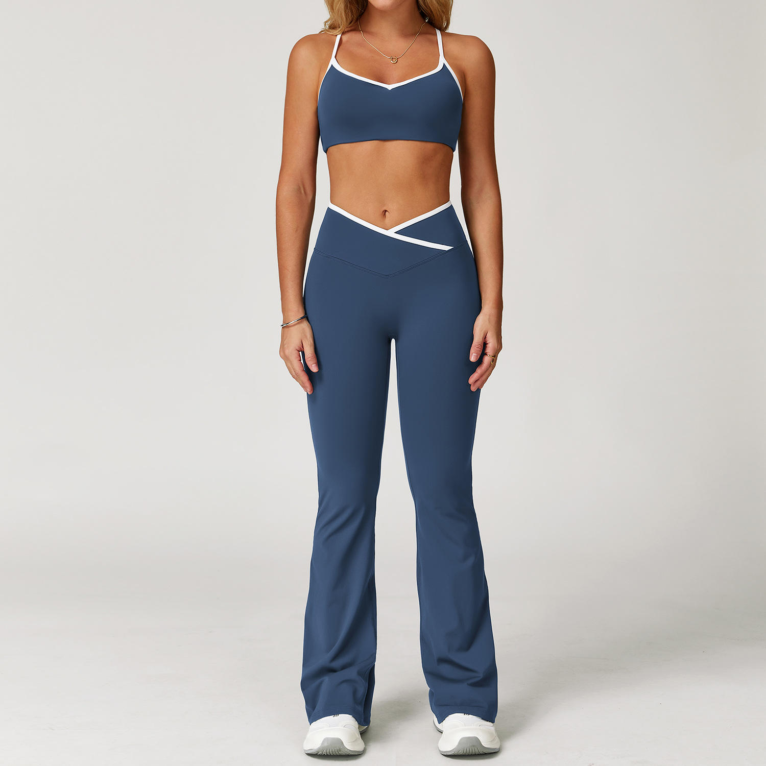 Women's Solid Cross-Waist High-Waist Crisscross Strap V-Neck Yoga Set