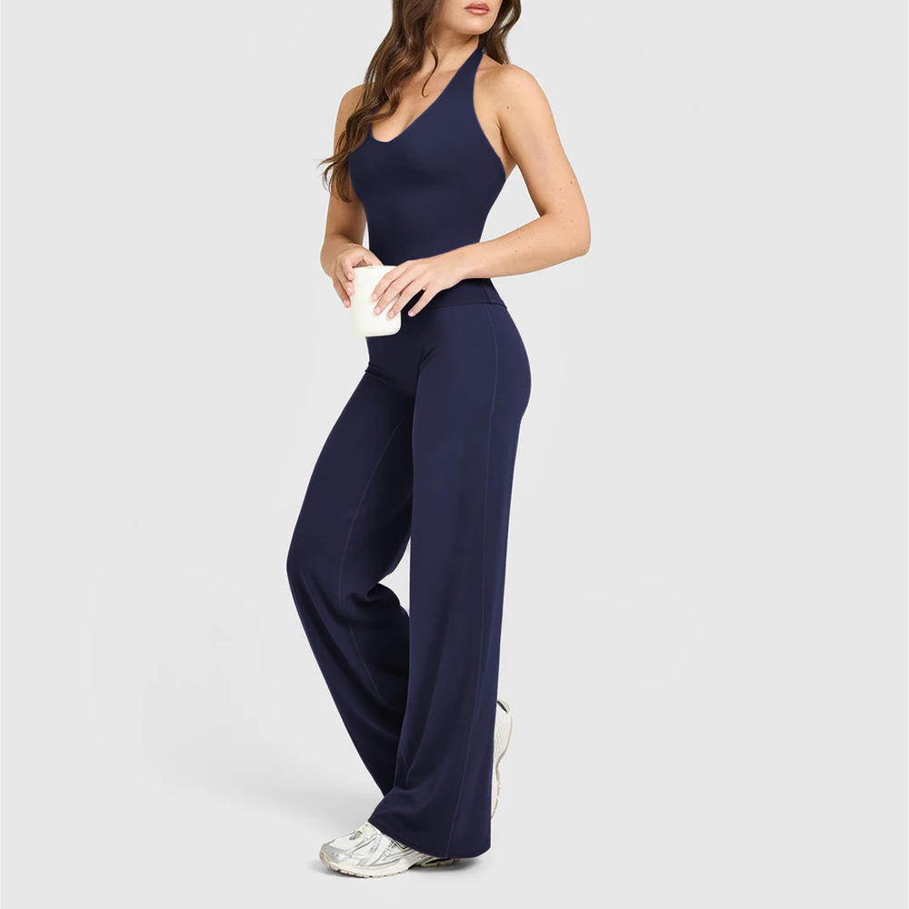 V-Neck Sports Halter Vest and Straight Leg Trousers Set