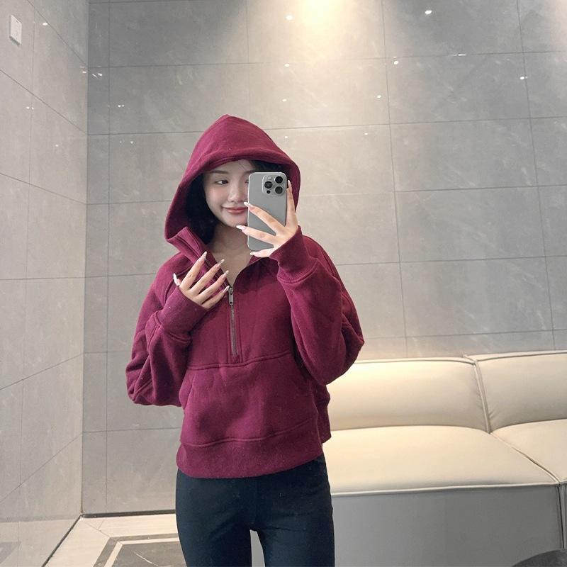 Embroidered Half-Zip Hoodie for Women - Casual Fleece Fitness & Yoga Wear