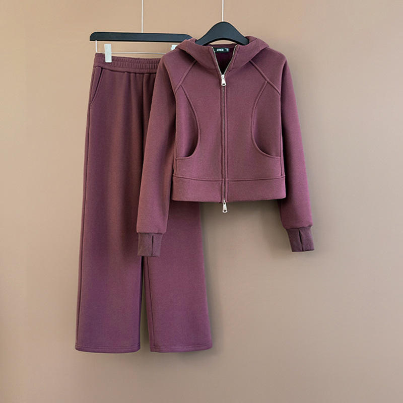 Women's Autumn Winter High-End Button-Up Woven Cardigan Hoodie and Straight Pants Two-Piece Set